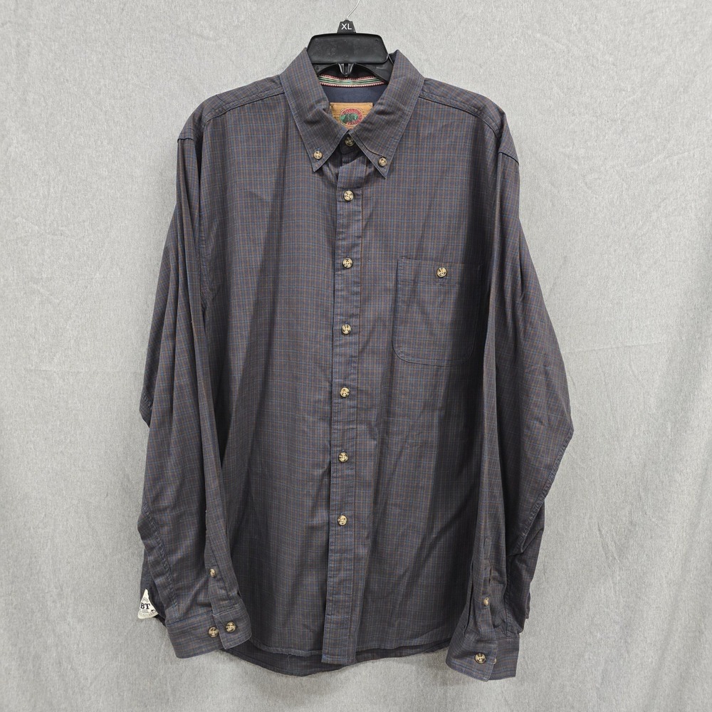 Boston Traders Button Down Shirt Mens XL Brown Navy Plaid Long Sleeve Pocket